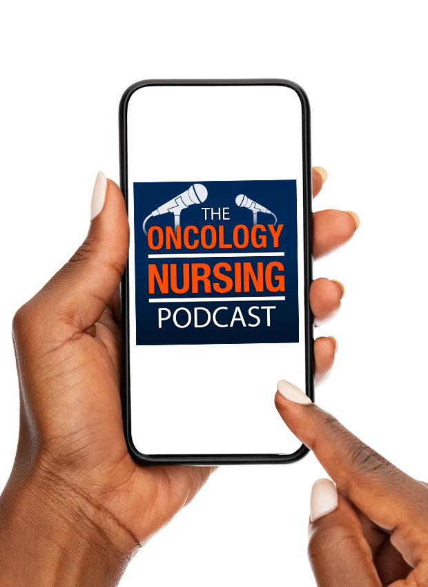 Image of a smart phone in dark skin toned hands, with the Oncology Nursing Podcast logo on the phone screen