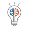 Lightbulb icon with a blue and orange brain outline inside